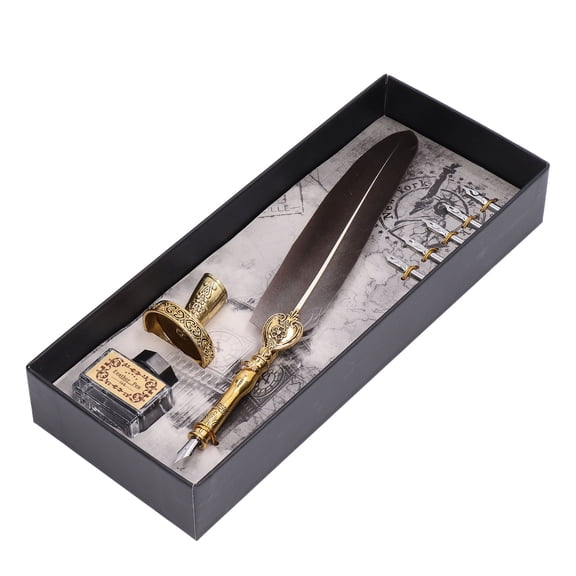 Vintage Quill Feather Calligraphy Pen Set with Inkwell Stand & Retro Writing Nib Accents, Retro Brown - 11.4 inches / 29.0 cm