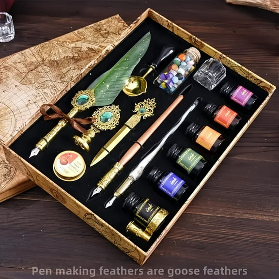 Vintage Quill Pen & Calligraphy Set with Glass Dip Pen, Wooden Pen, 6 Ink Colors, Wax Seal Kit, Letter Opener & Gift Box, Complete Writing & Craft Set for Calligraphy, Journaling & Christmas Gifting