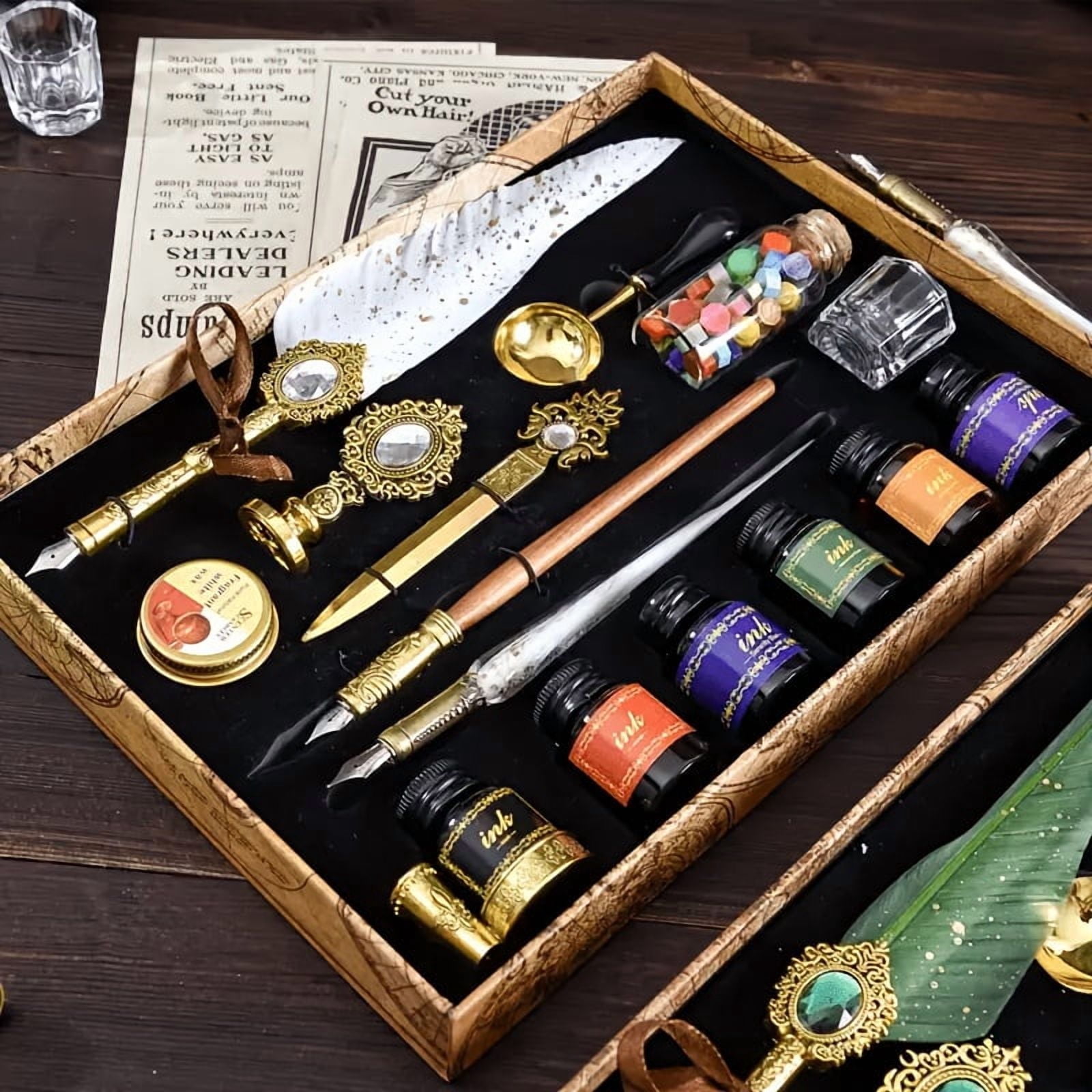 Vintage Quill Pen & Calligraphy Set with Glass Dip Pen, Wooden Pen, 6 ...
