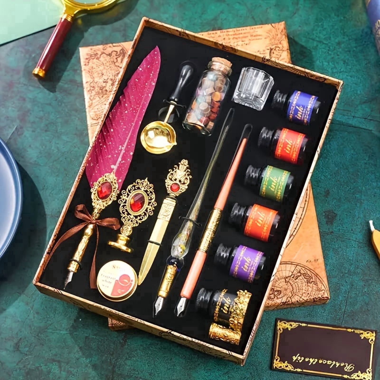 Vintage Quill Pen and Ink set with Glass Dip Pen, Wooden Pen, 6 Ink Colors, Wax Seal Kit, Letter Opener & Gift Box, Complete Writing & Craft, Calligraphy Set for Beginners & Pen Sets Gifts, Red