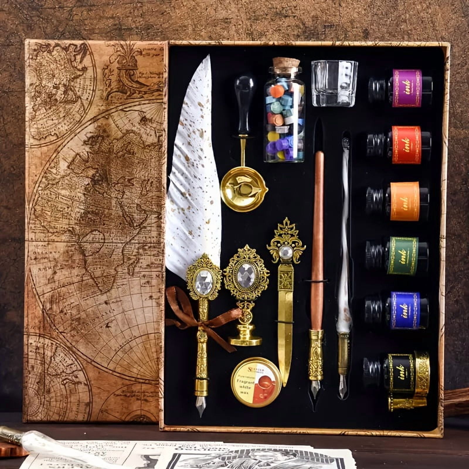 Vintage Quill Pen and Ink Set, Feather Calligraphy Pen with Glass and Wooden Dip Pen Wax Seal Kit, Retro Writing for Christmas  Thanksgiving Journaling Gift Relaxation Use