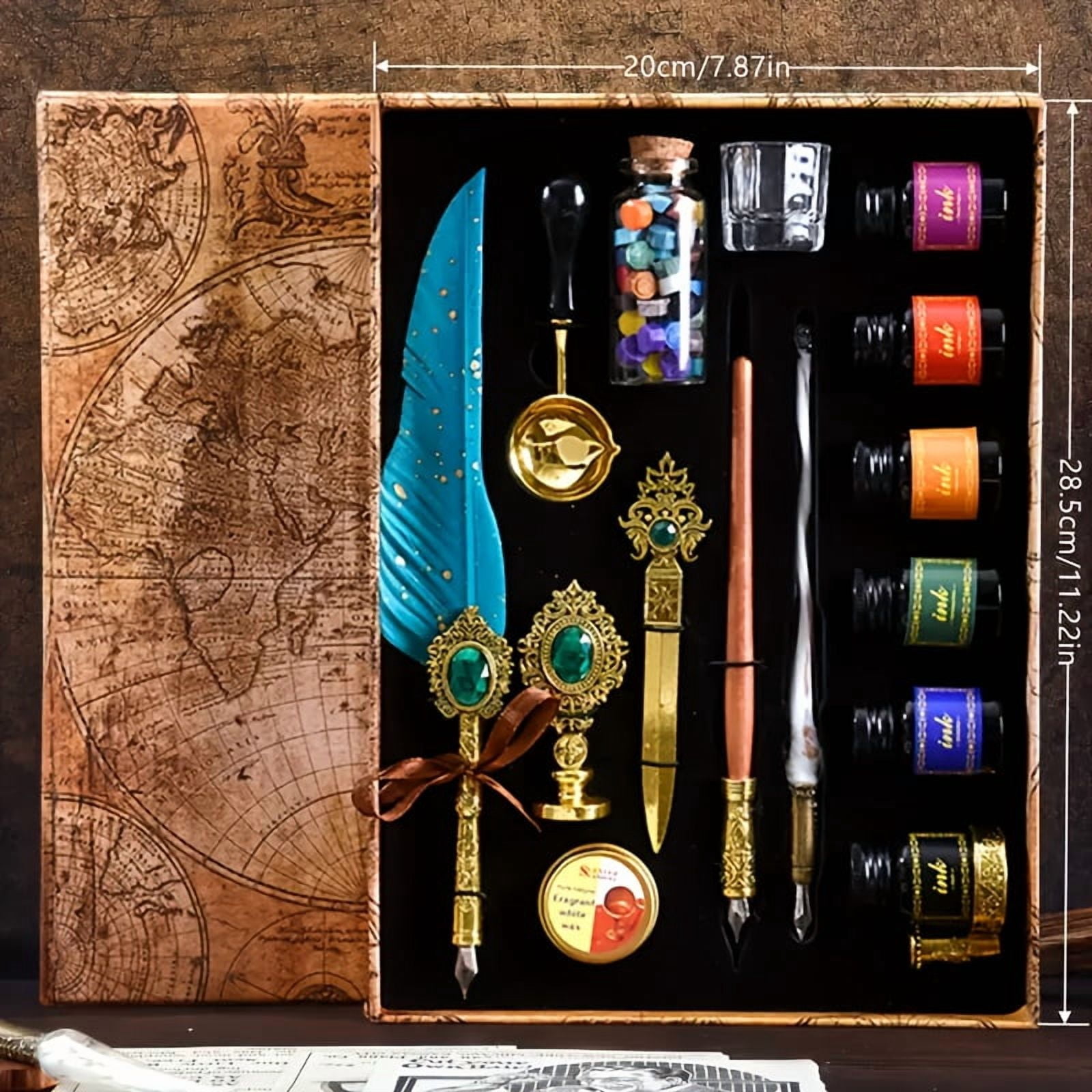 Vintage Quill Pen and Ink Set, Feather Calligraphy Pen with Glass and Wooden Dip Pen Wax Seal Kit, Retro Writing for Christmas  Thanksgiving Journaling Gift Relaxation Use