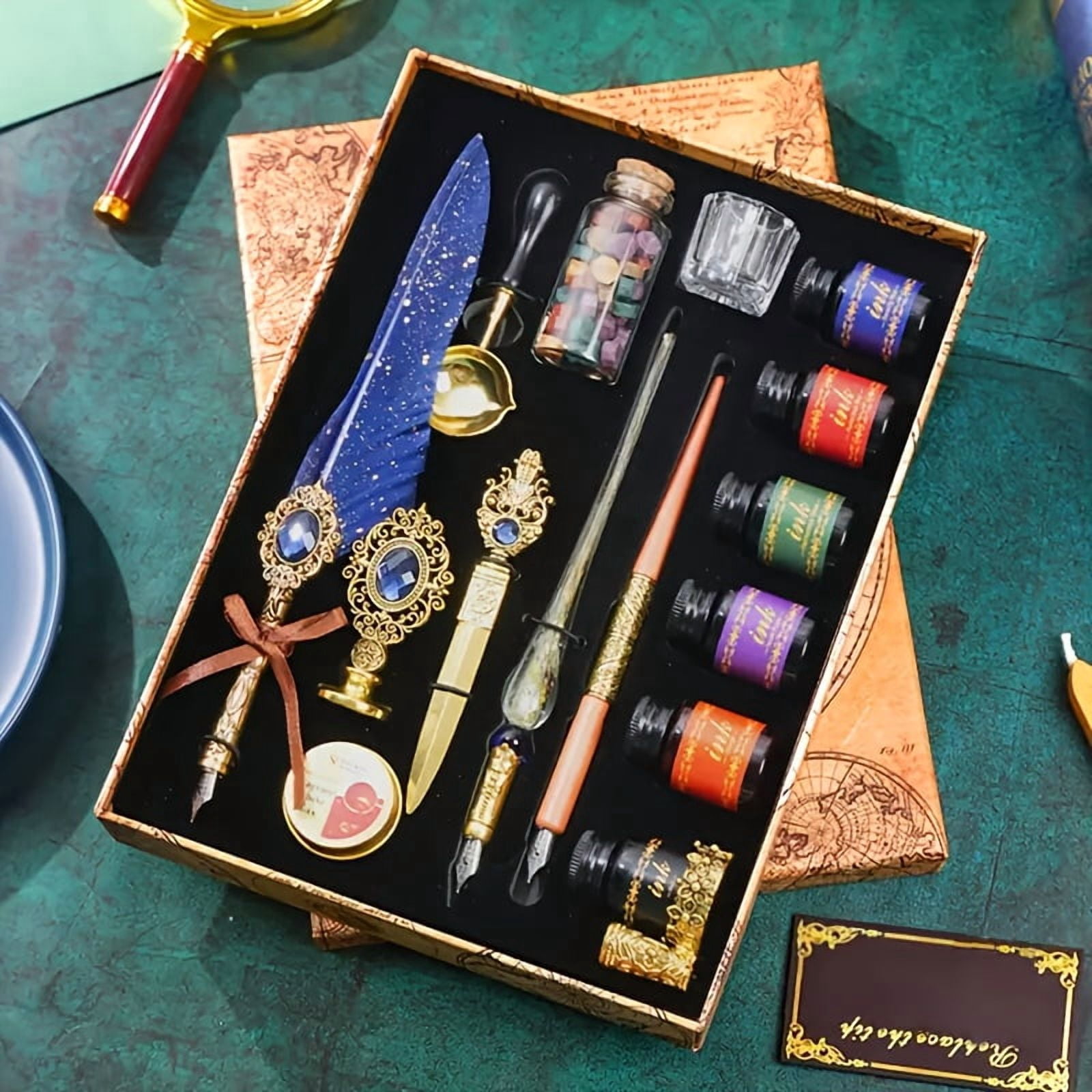 Vintage Quill Pen and Ink Set, Feather Calligraphy Pen with Glass and Wooden Dip Pen Wax Seal Kit, Retro Writing for Christmas  Thanksgiving Journaling Gift Relaxation Use