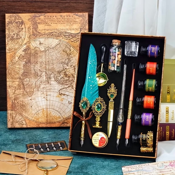 Vintage Quill Pen & Ink Set-Synthetic Gemstone Feather Pen, Glass & Wooden Dip Pens, with Fire Lacquer Wax Beads, Seal Stamp, Fancy Cool Pens,for Christmas Thanksgiving, Calligraphy & Art Use