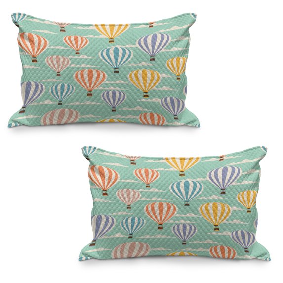 Vintage Quilted Pillowcover Set of 2, Colorful Retro Travel Balloons Texture Cloud Blue Sky Adventure Modern Art, Standard Queen Size Pillow Cover Bedroom, 30" x 20", Blue Orange Purple, by Ambesonne