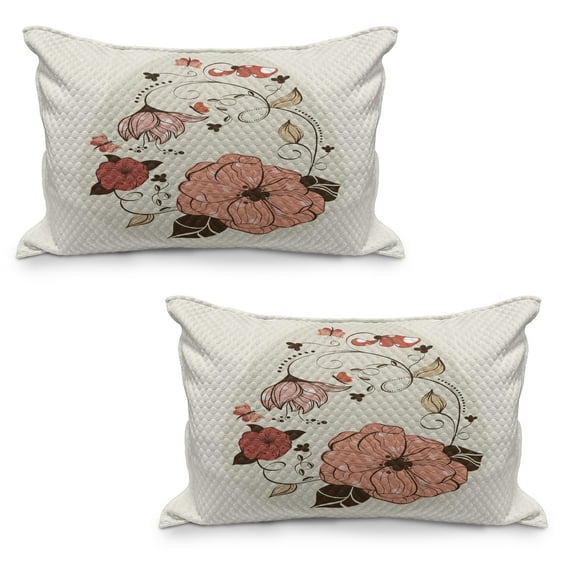 Vintage Quilted Pillowcover Set of 2, Nostalgic Design Butterflies Flower Petals Blossom and Curlicue Peduncles, Standard Queen Size Pillow Cover for Bedroom, 36" x 20", Dust Multicolor, by Ambesonne