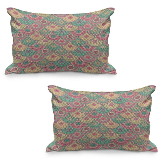 Vintage Quilted Pillowcover Set of 2, Oriental Colorful Circular Shapes Traditional Classic Design Graphic Royal Theme, Standard Queen Size Pillow Cover Bedroom, 30" x 20", Green Pink, by Ambesonne