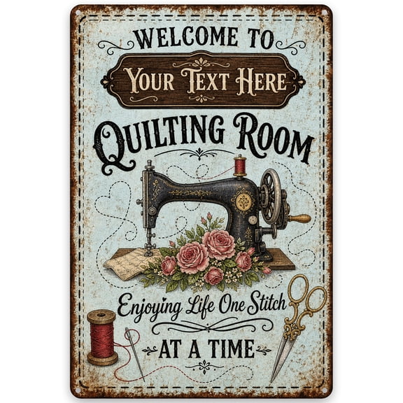 Vintage Quilting Room Metal Wall Decor Sign, 8x12 Inch, Sewing Machine and Roses Design, Rustic Home Decor, 4 Pre-Drilled Holes for Easy Hanging, Antique Style Indoor/Outdoor Art, Weather Resistant