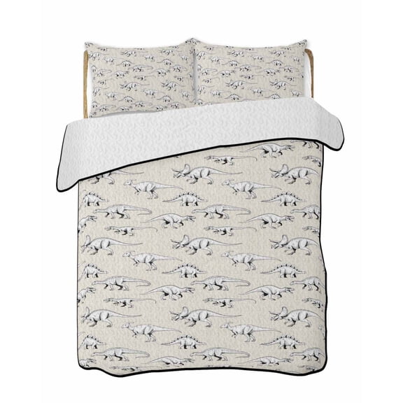Vintage Quilts Bedding Set California King Hand-painted Dinosaur Pattern Primitive Animals Linen Lightweight Quilted Bedspread 3 Piece Bed Quilt with 2 Pillow Shams All Season for Bedroom 96" x 106"