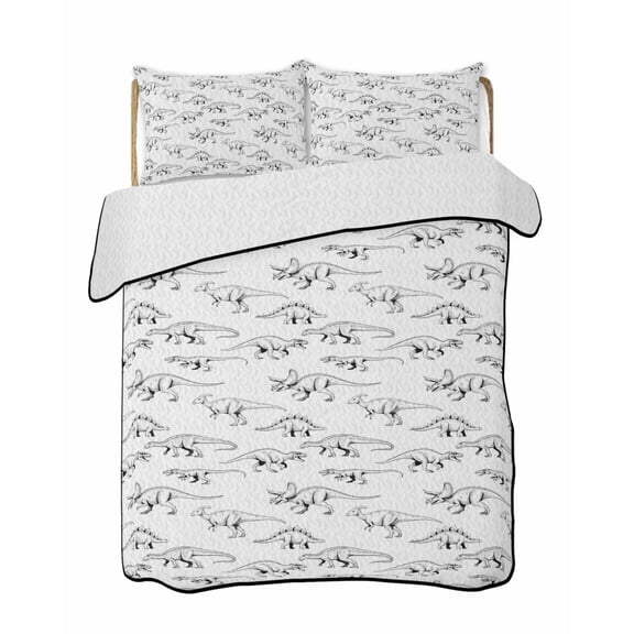 Vintage Quilts Bedding Set Queen Size Hand-painted Dinosaur Pattern Primitive Animals Simple Lightweight Quilted Bedspread 3 Piece Bed Quilt with 2 Pillow Shams All Season for Bedroom 78" x 90"