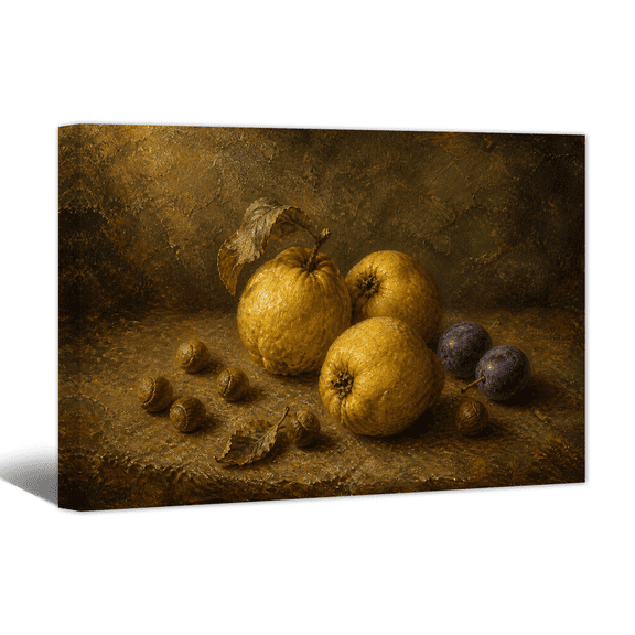 Vintage Quince Plum Canvas Wall Art Rustic Fruits Oil Painting Print, Cozy Serene Artwork Cottage Aesthetics Picture for Kitchen, Home, Living room Decor