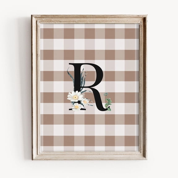 Vintage R Initial Print, Rustic Monogram Art, Adorned With Daisies, Neutral Background, Home Decor #1727, Unframed Poster Size 24x36