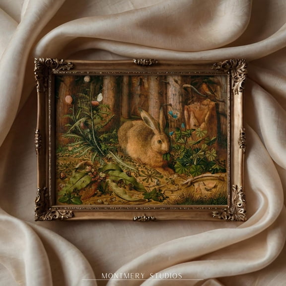 Vintage Rabbit Art Print, Bunny Wall Decor, Spring Easter Artwork, Antique Wildlife Print, Forest Animal Decor, Rustic Nature Hare Art, An91 #415, Unframed Canvas Size 16x24