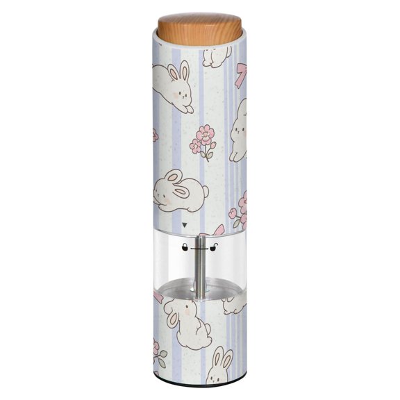 Vintage Rabbit with Blue and White Stripes Pattern Printed Electric Pepper Mill One-Touch Battery Operated Salt Grinder Adjustable Coarseness Decorative Counter Spice Tool