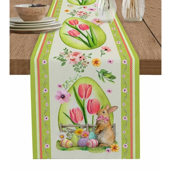 Vintage Rabbit Easter Flower Green Egg Table Runners for Dining Room Coffee Home Decor Tablecloth Table Cover