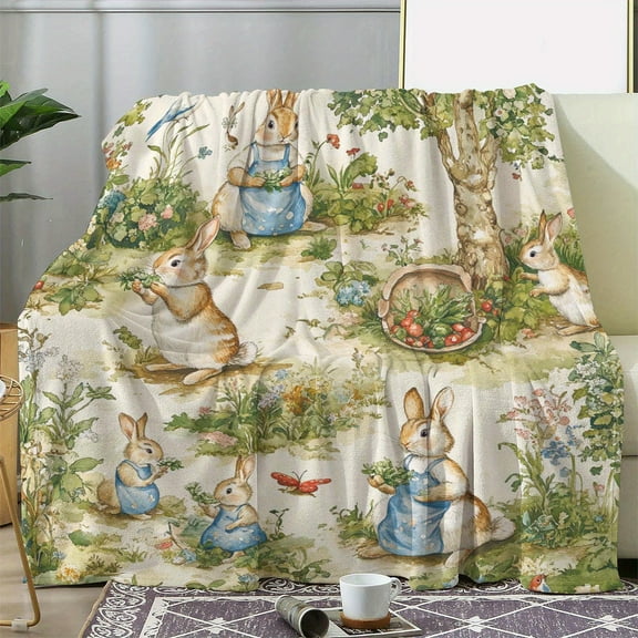 [Vintage Rabbit Easter Print] Cozy 1pc Vintage Rabbit Easter Print Flannel Blanket - Soft Warm Throw for Sofa Bed Couch Car Office Camping Travel - 250-300Gsm Digital Print Knitted Polyester