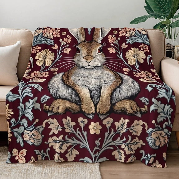Vintage Rabbit Floral Throw Blanket | Cute Bunny Polyester Flannel for Sofa, Bedside, Cottagecore Decor, Animal Lovers Gift