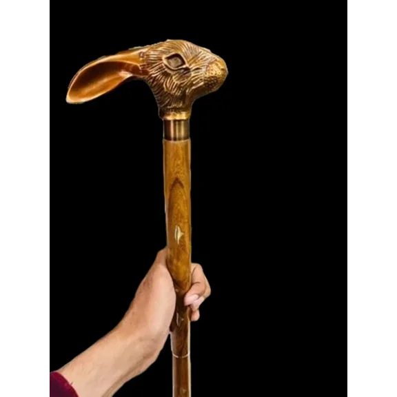Vintage Metal Rabbit Head Handle Wooden Walking Cane Stick Antique Victorian Design, Perfect Gift for Seniors and Elders