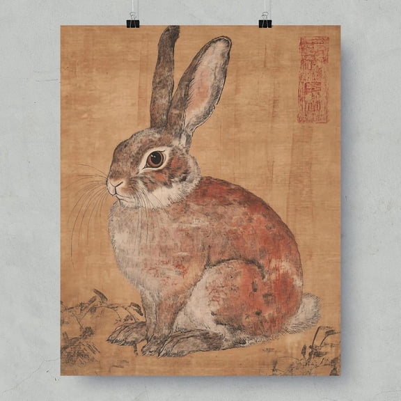 Vintage Rabbit Print Antique Hare Eastern Art Oriental Animal Wall Decor Unframed Paper Print