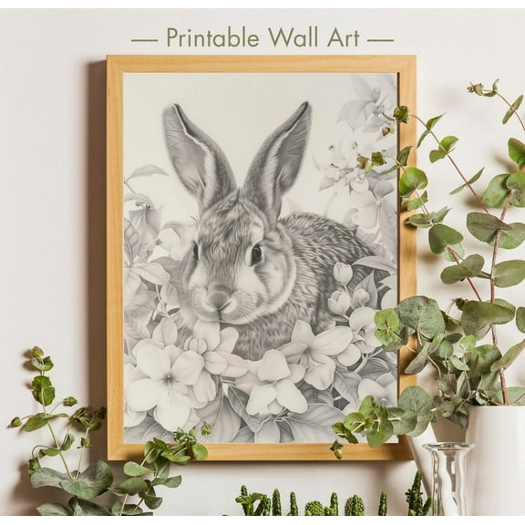 Vintage Rabbit Sketch Print: Farmhouse Easter Bunny Wall Art #2716, Unframed Canvas Size 16x24