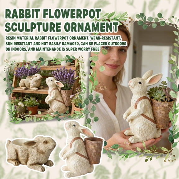 Vintage Rabbit Succulent Planter Pot - Rustic Resin Bunny Garden Statue with Basket, Cute Animal Flower Container for Indoor Plants, Herbs Easter Decorations(Rabbit Standing in a Basket)
