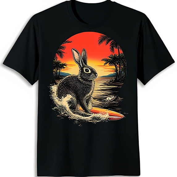 Vintage Rabbit Surfing Graphic Black T-Shirt with Colorful Sunset Design