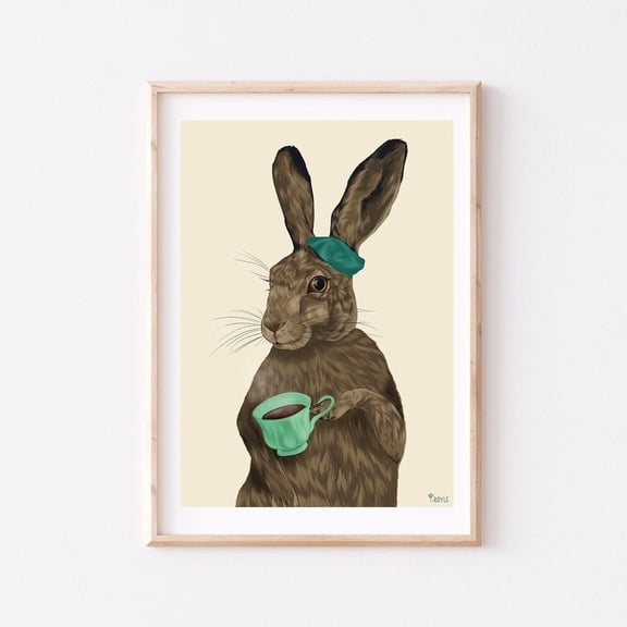 Vintage Rabbit Teacup Wall Art Nursery Animal Decor, Unframed Paper Print Size 12x18