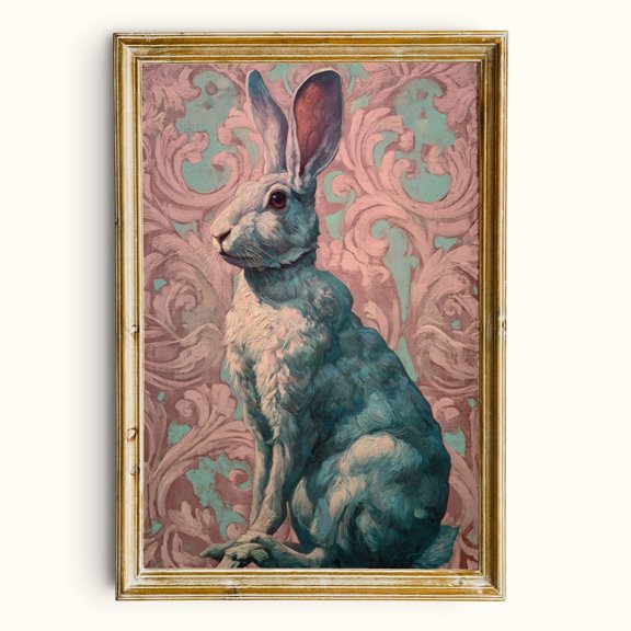 Vintage Rabbit Wall Art Print, Maximalist Damask And Elegant Bunny Decor