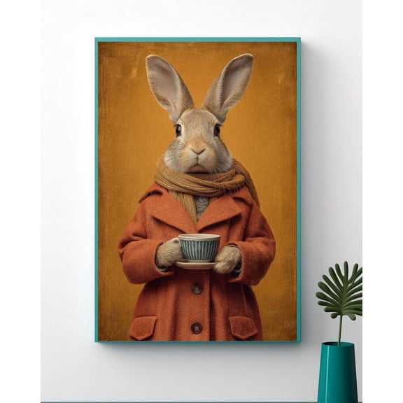 Vintage Rabbit Wall Art – Whimsical Bunny In Coat With Coffee Cup – Retro Autumn Animal Unframed Paper Print
