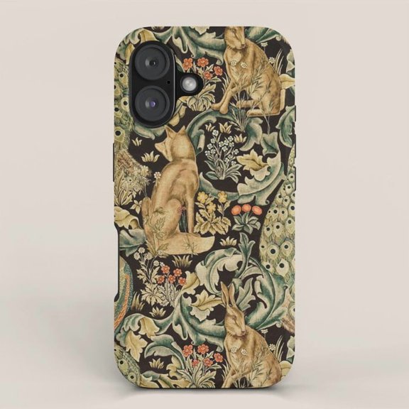 Vintage Rabbit and Botanical Scroll Tough Phone Case for Apple iPhone, Tan, Sage Green and Black, Dual-Layer