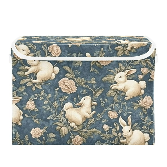 Vintage Rabbit and Flowers Large Storage Bins with Linen Collapsible Lid Storage Box 16.7 x 12.6 x 11.8in