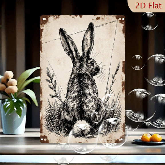 Vintage Rabbit in Field 8x12in Metal Wall Art, Rustic Sepia Tone Farm Animal Sign with Wheat Stalks, Weathered Paper Look Decor for Kitchen or Barn