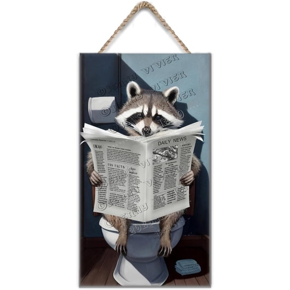 Vintage Raccoon Reading News Wooden Sign, Raccoon Lover Gift, Funny Toilets Wall Sign Animal Hanging Wall Sign for Home Office Bar Cafe Wall Art Decor 6x12 inches