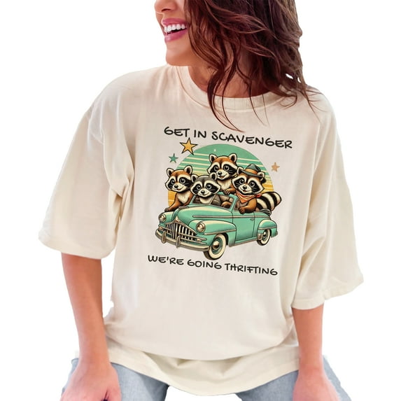 Vintage Raccoon Thrifting T-Shirt, Cute Animal Car Ride Tee, Retro Inspired Funny Shirt, Unique Gift for Thrift Lovers, Graphic Tee, Ivory Comfort Colors T-Shirt, 2XL