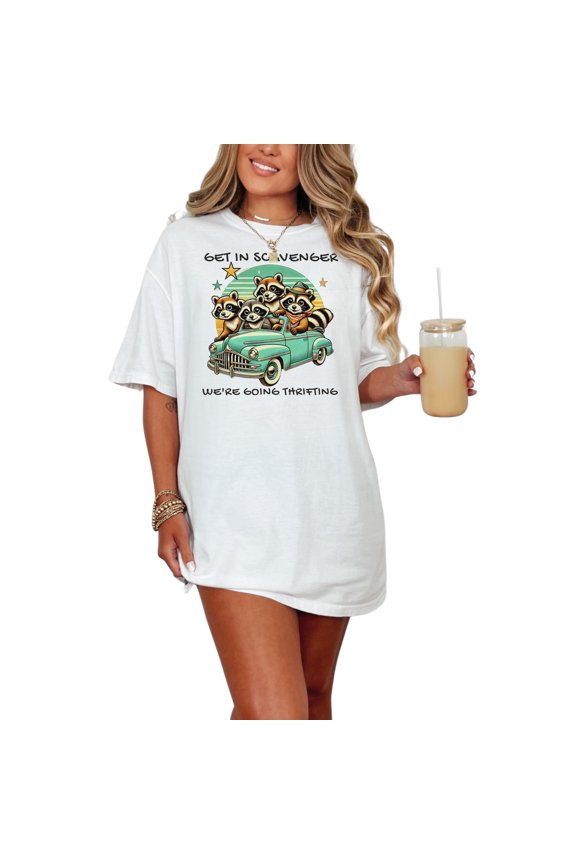 Vintage Raccoon Thrifting T-Shirt, Cute Animal Car Ride Tee, Retro Inspired Funny Shirt, Unique Gift for Thrift Lovers, Graphic Tee, White Comfort Colors T-Shirt, Large