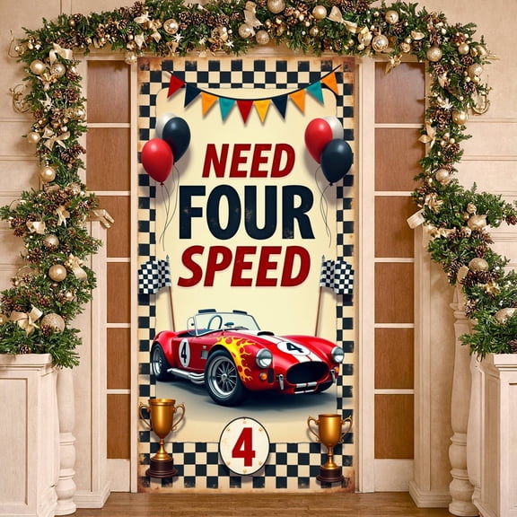 Vintage Race Car Banner Checkered Pattern Racing Backdrop Flame Design Gold Trophy Car Event Banner for 4th Birthday Party Kids Birthday Event Party Photo Shoot