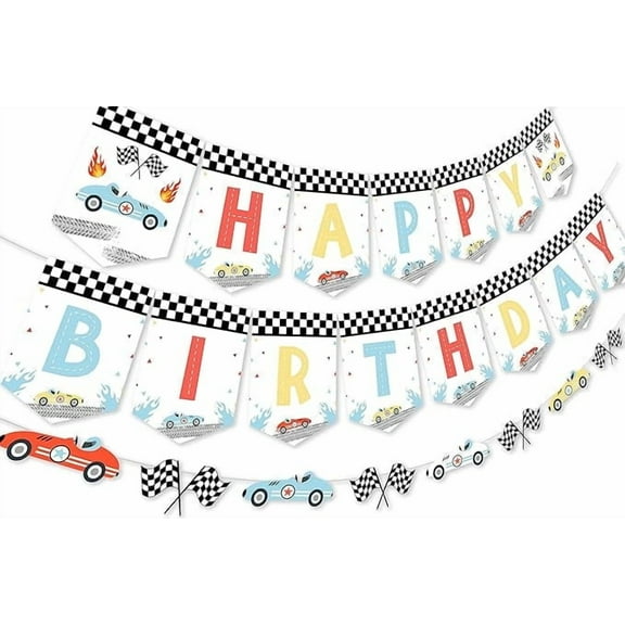Vintage Race Car Birthday Decorations - Happy Birthday Banner and Garland, Retro Pastel Race Car Let's Go Racing Birthday Party Decorations for Boys