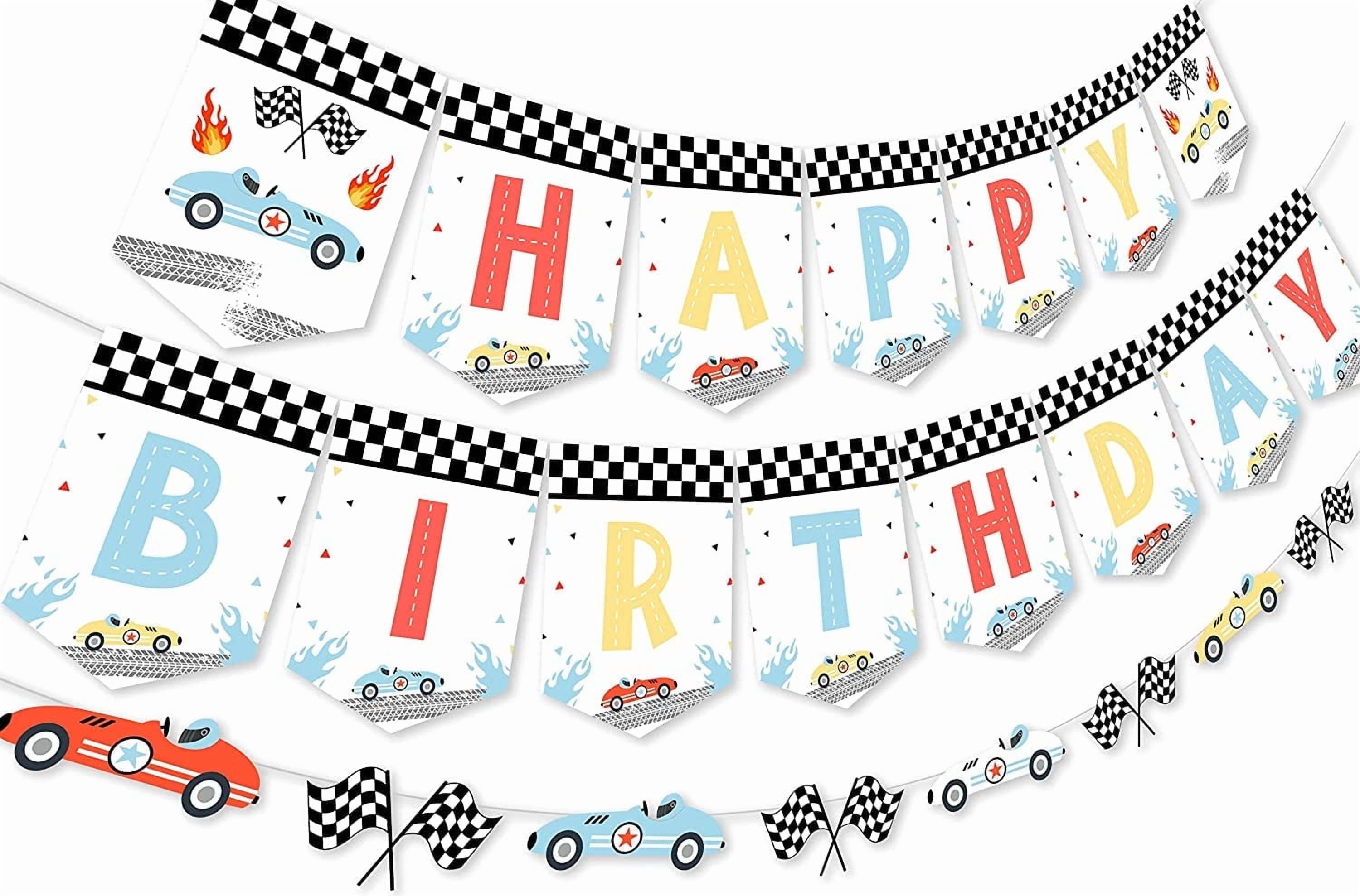 Vintage Race Car Birthday Decorations, Racing Checkered Happy Birthday Banner Cars Garland Pastel, Retro Race Car Birthday Decor, Let's Go Racing Theme Boys 1st 2nd 3rd Birthday Party Supplies