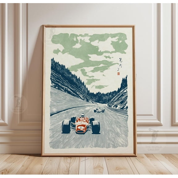 Vintage Race Car Mountain Track Motorsport Art Retro Racing Landscape Wall Art Print