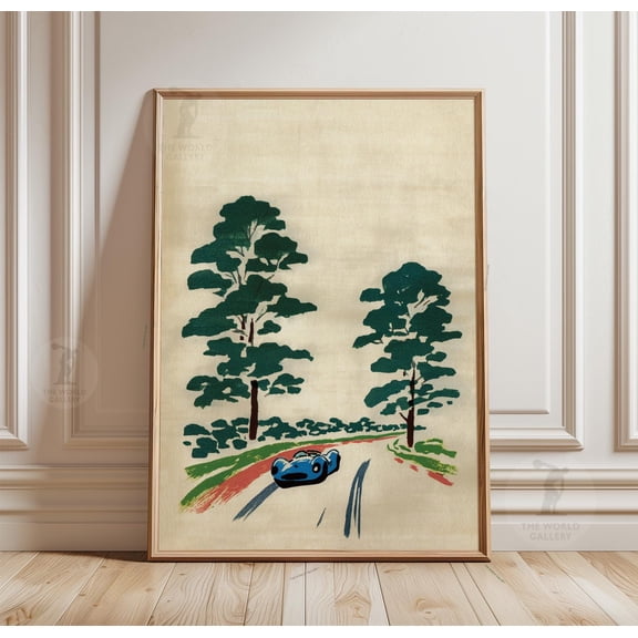 Vintage Race Car Poster, Countryside Track Art, Minimal Motorsport Landscape Print, Poster Only