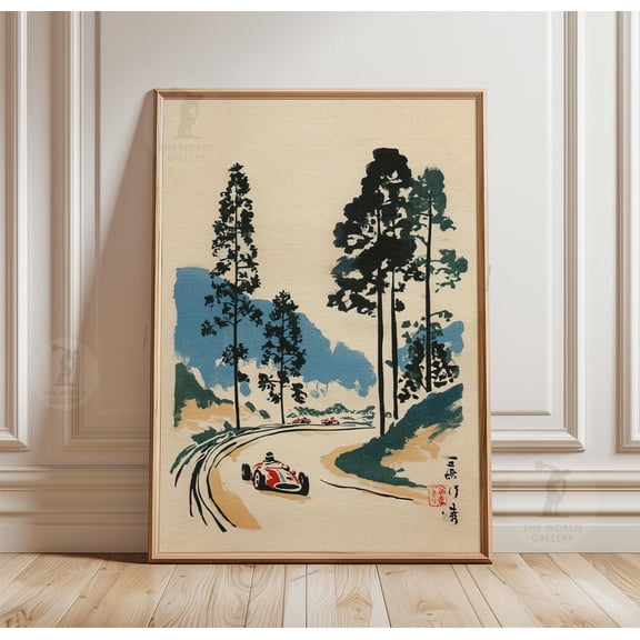 Vintage Race Car Poster, Countryside Track Art, Minimal Motorsport Landscape Print , Poster Print Only