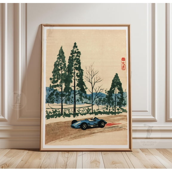 Vintage Race Car Poster, Countryside Track Art, Minimal Motorsport Landscape Print , Poster Print Only