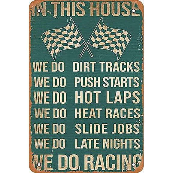 Vintage Racing Metal Tin Sign, In This House We Do Dirt Tracks, Garage Bar Wall Decor, 12 x 8 Inch