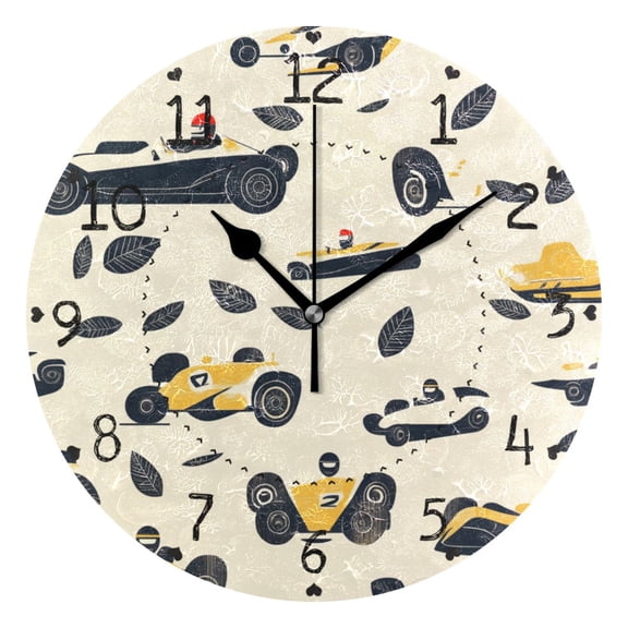 Vintage Racing Patterns Round Wall Clock Silent Battery Operated Home Decor for Living Room Bedroom