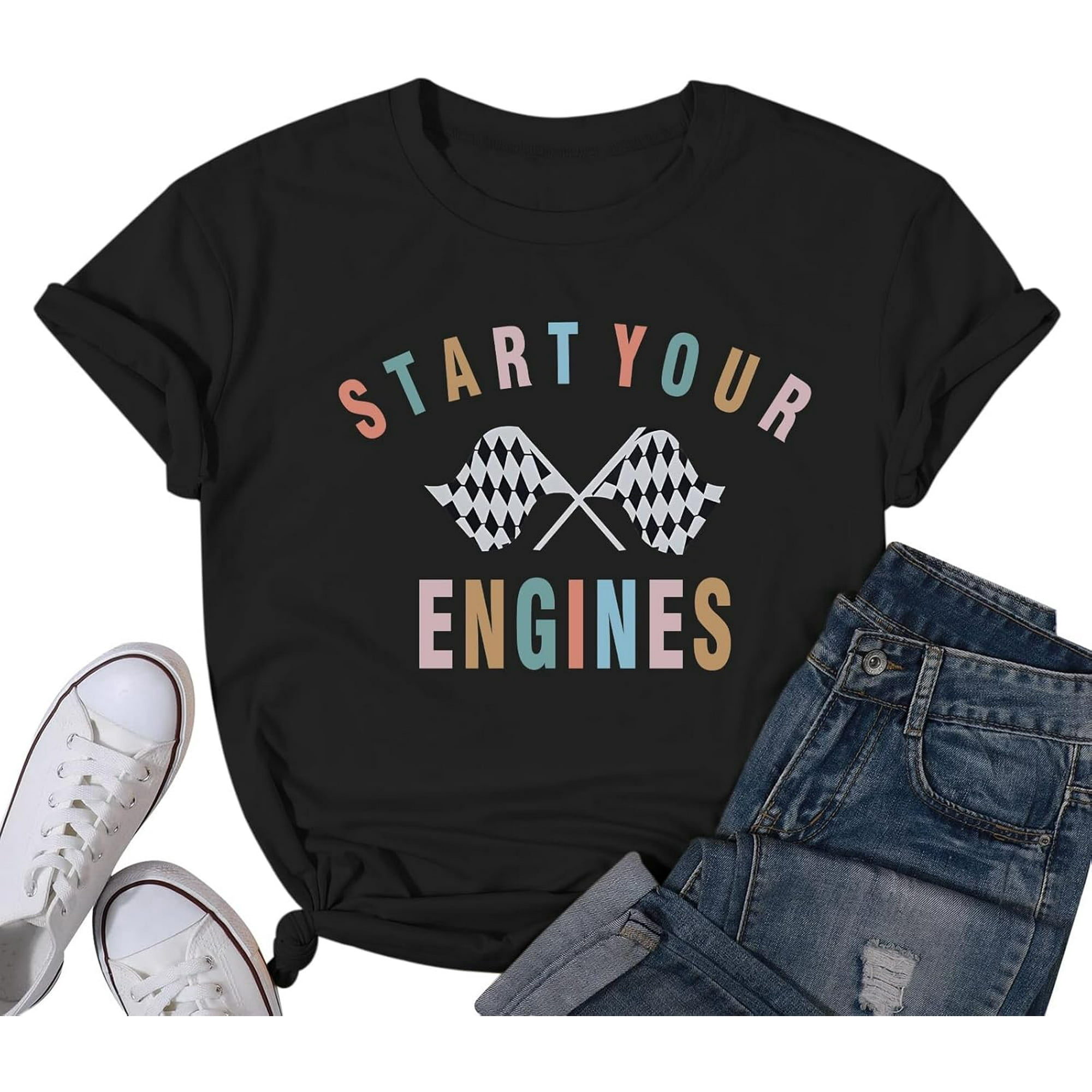 Ladies Racing Tees Vintage Racing Shirt Checkered Flag Graphic Tees Womens Start Your ...