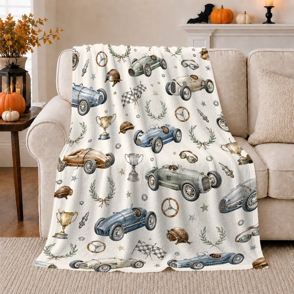 Vintage Racing Theme Classic Cars Trophies Scattered Pattern, Cozy Artistic Scene, Warm Flannel Blanket for Living Room and Bedroom, Art Lovers Housewarming Gift, Artistic Home Decor