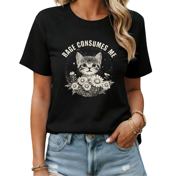 Vintage Rage Consumes Me Kitten Lover Graphic Tees Womans T-shirt Black S-5XL Tops