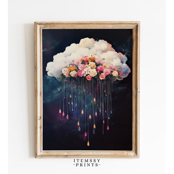 Vintage Rain Flowers, Storm Cloud Art, Moody Cottagecore, Dark Academia, Gothic Wall Decor, Maximalist Art Poster, 16x24 UNFRAMED