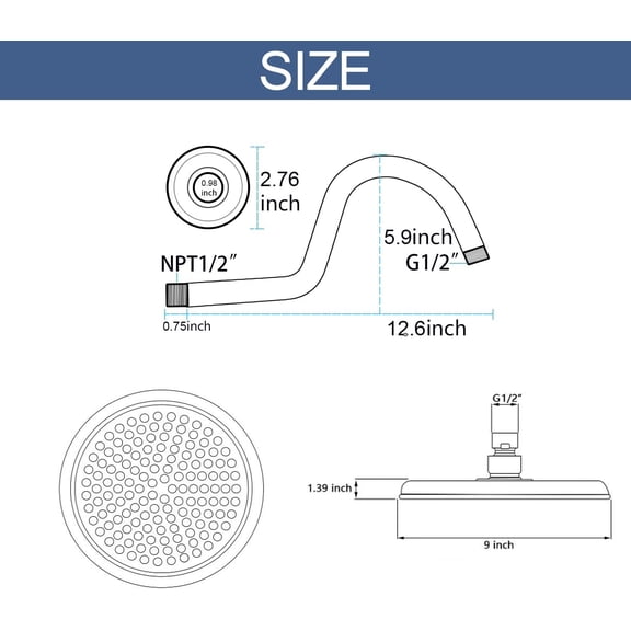 Vintage Rain Shower Head 9 Inch with Curved Arm, High Pressure Chrome Finish for Bathroom