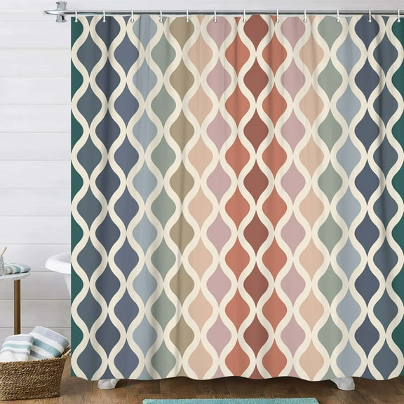 Vintage Rainbow Boho Zigzag Shower Curtain for Bathroom, Mid Century Neutral Modern Art Bath Curtain, Moroccan Rainbow Geometric Aesthetic Waterproof Shower Curtains with Hooks,70X70IN